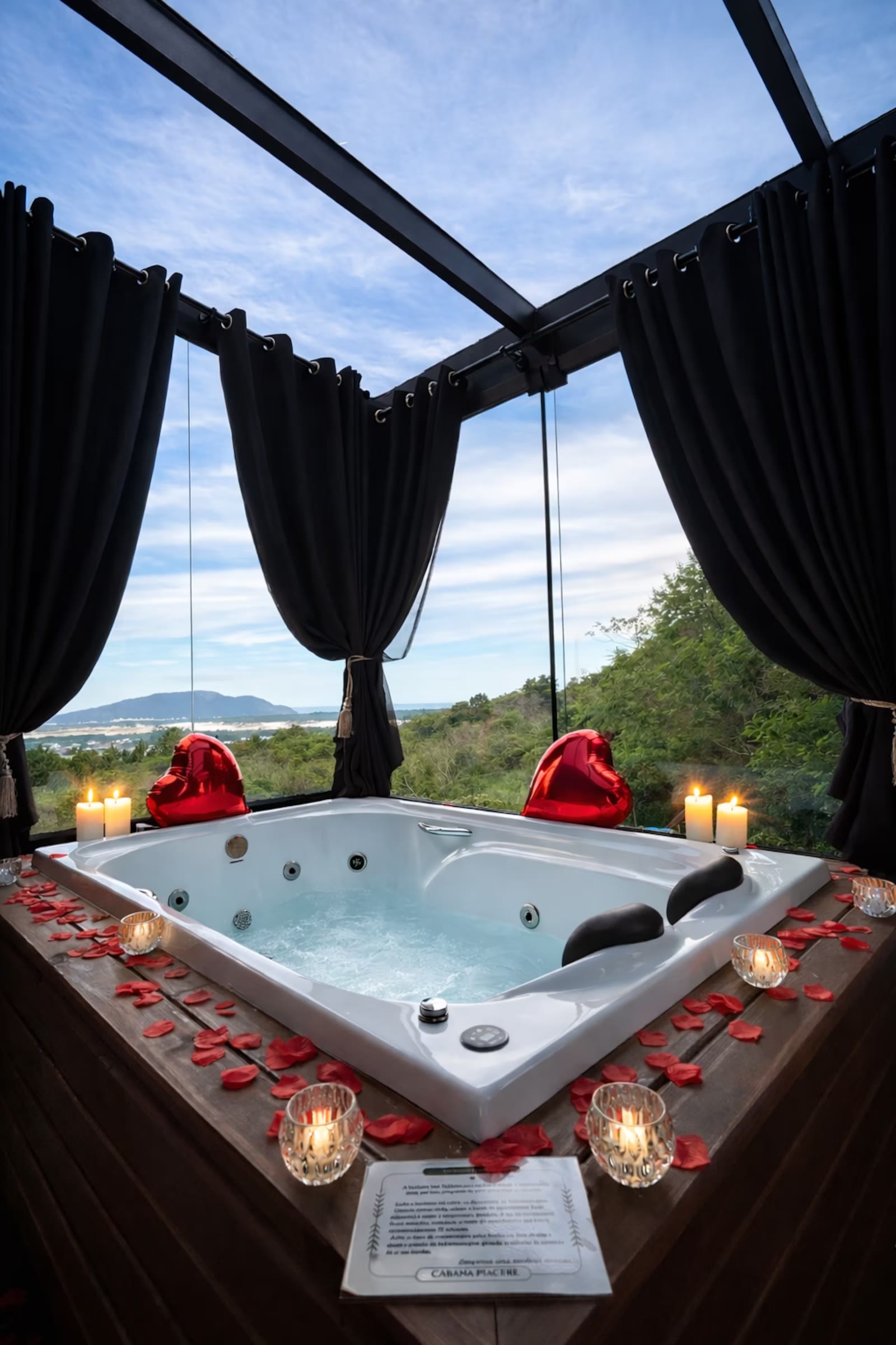 Hidromassagem decorada com pétalas e velas, sob teto de vidro com vista para o mar