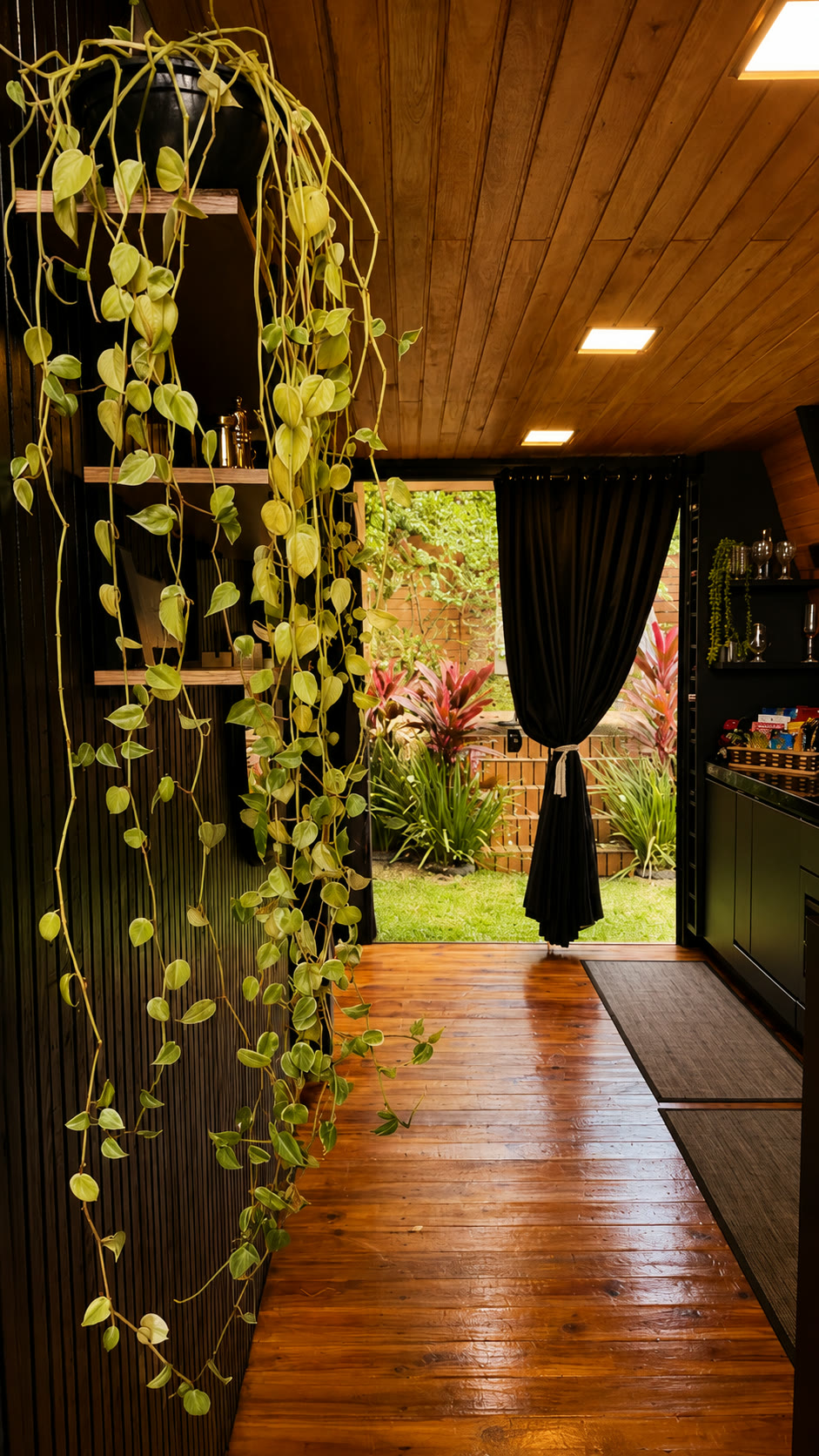Corredor em madeira da cabana aberto para o jardim, com plantas pendentes